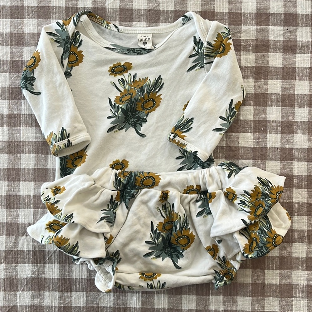 Kate Quinn 3-6 month onesie and double ruffle bloomer matching set